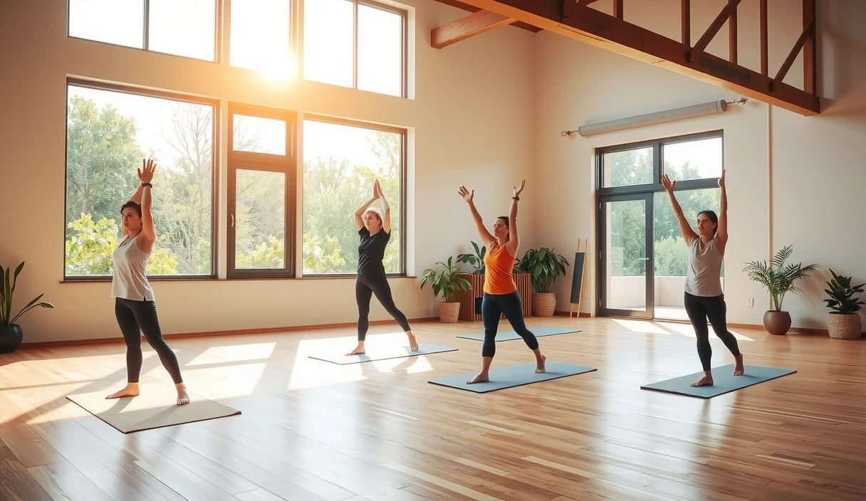 A serene yoga studio with soft lighting, natural wood floors, and students in various yoga poses, demonstrating tranquility and focus.