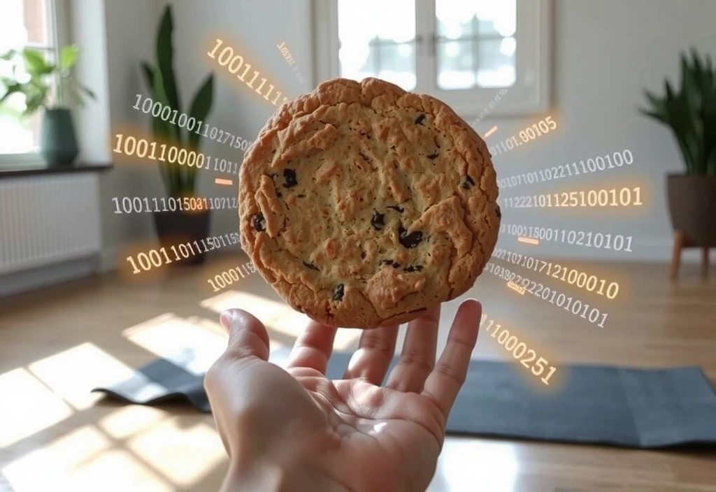 A hand holding a cookie with digital data flowing around it, representing data privacy