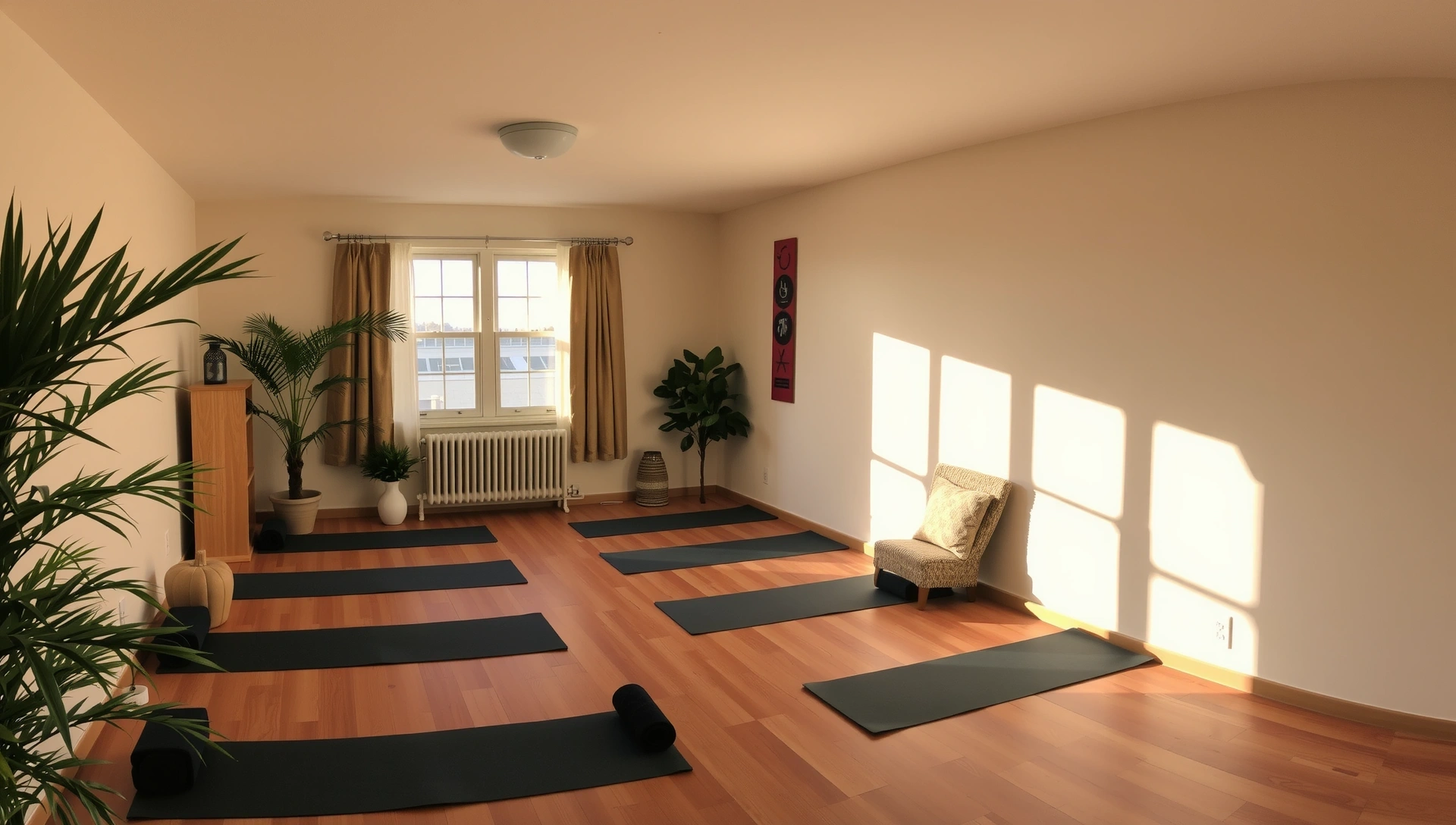 Serene yoga studio with warm lighting and a calm atmosphere