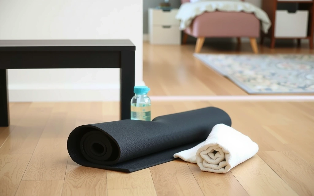 Yoga mat and accessories in a tidy home space