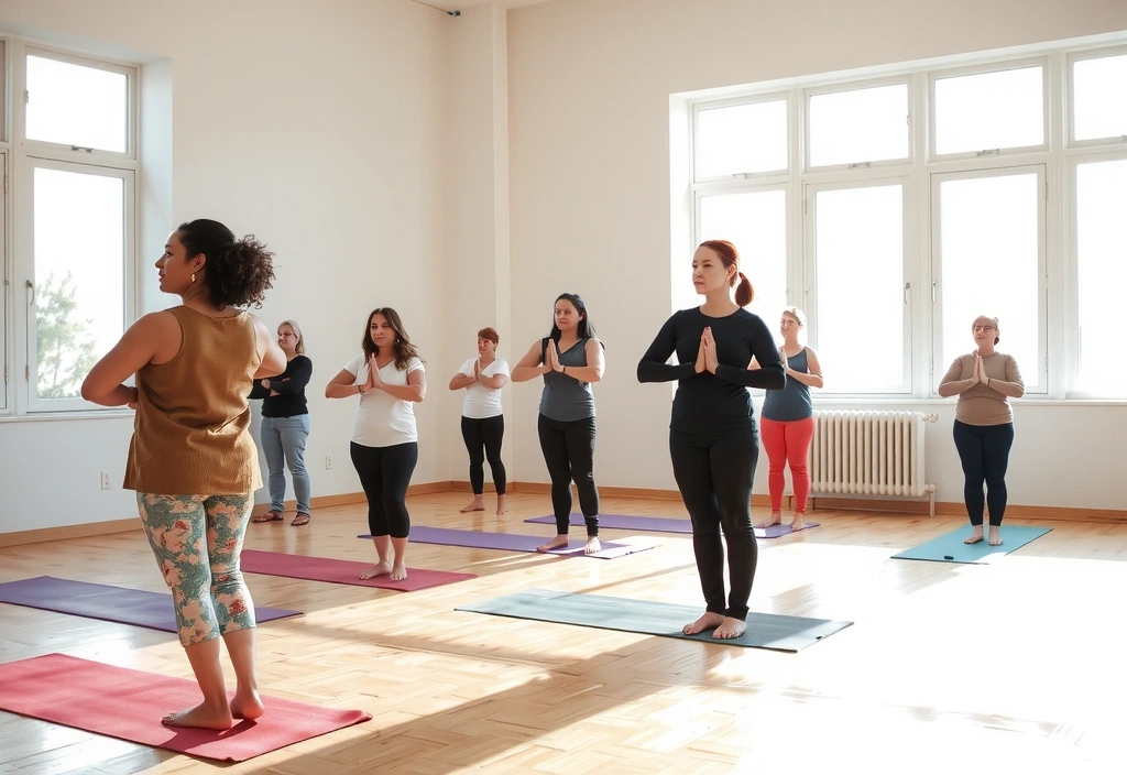 Yoga instructor guiding a class in a sunlit studio