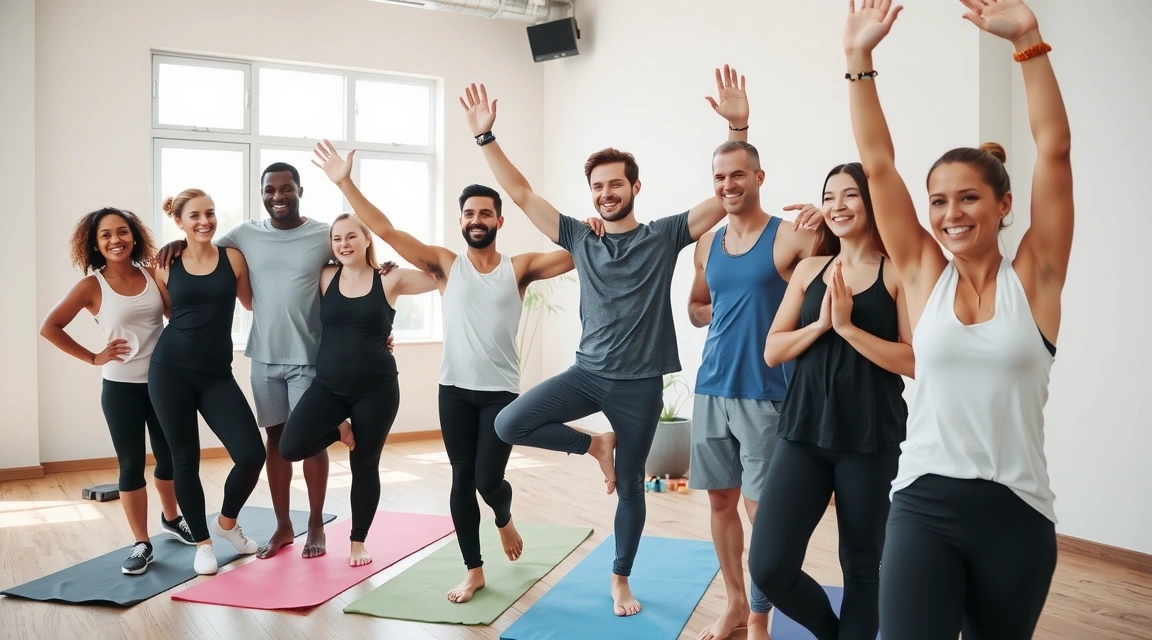 A group of smiling yoga students and an instructor in a bright studio.