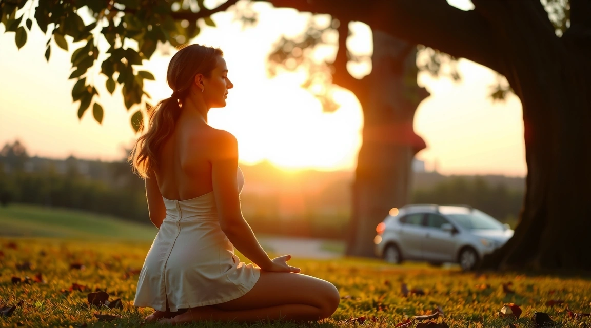 Woman meditating in a serene outdoor setting at sunrise.